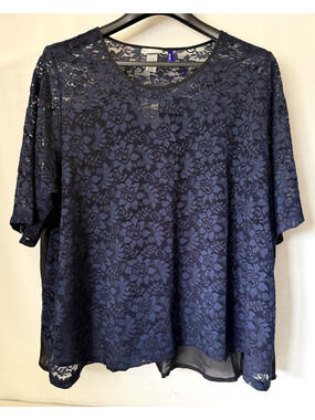 Catherines Plus Size 3XWP Blouse Womens Navy Blue Sheer Lace / Solid Popover Top